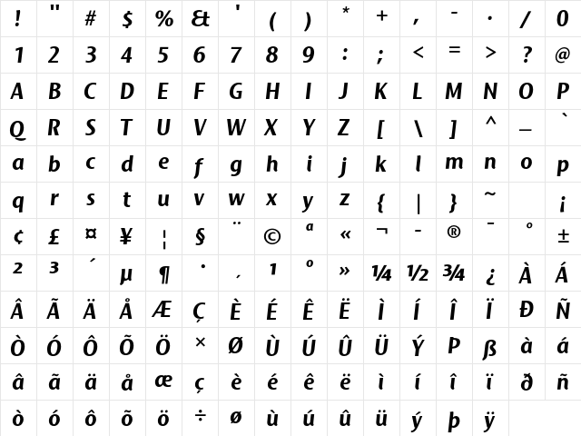 Mosquito Std Bold Italic  glyph index