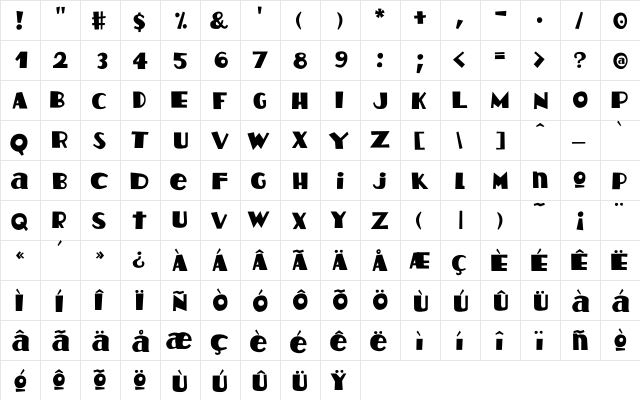 HotCoffeeFont Regular  glyph index