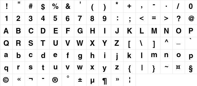 HelgaC Bold  glyph index