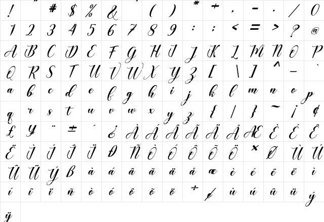 The Purple Love Italic Regular  glyph index