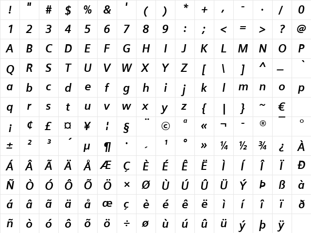 Siemens Sans Bold Italic  glyph index