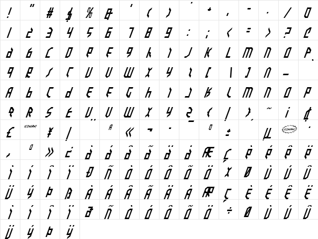 Valkyrie Italic Italic  glyph index