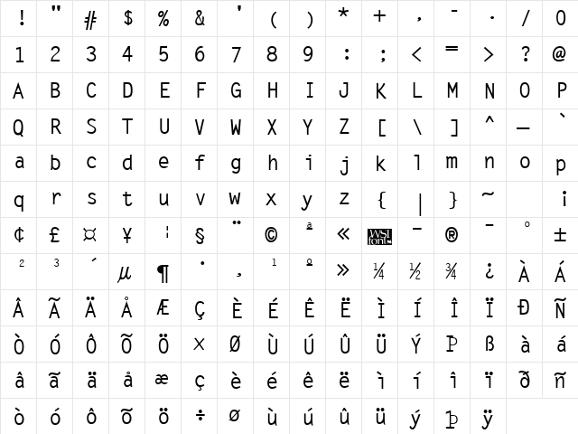 LetterGothic Bold  glyph index