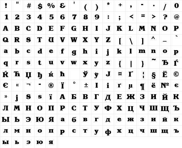 KorinnaBlackCTT Bold  glyph index