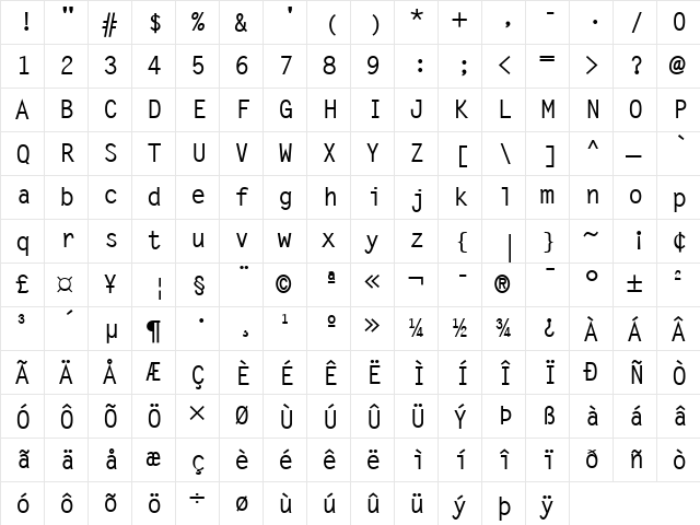 LetterGothic LT Bold  glyph index