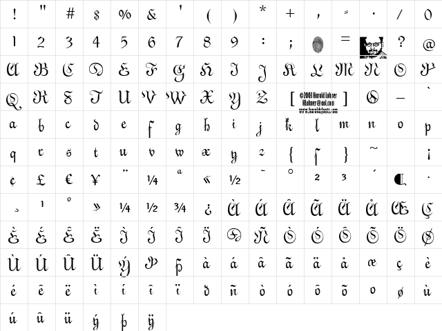 AlsaceLorraine Regular  glyph index