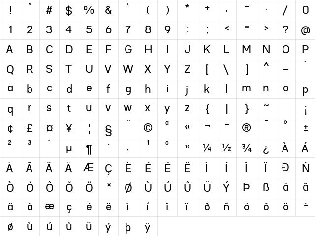 Gloryn Regular  glyph index
