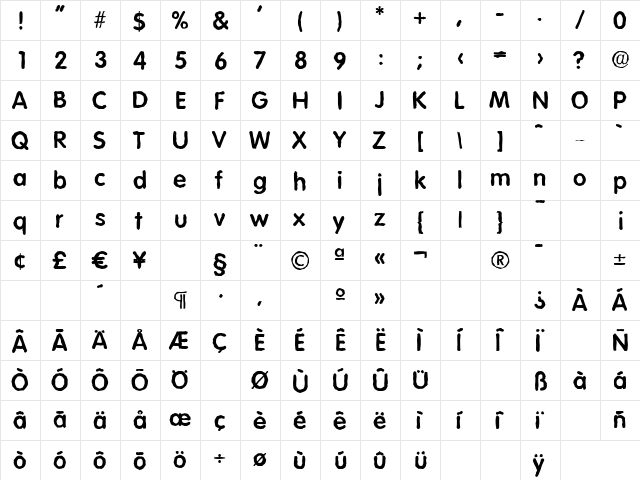 VolkswagenAntique Bold  glyph index