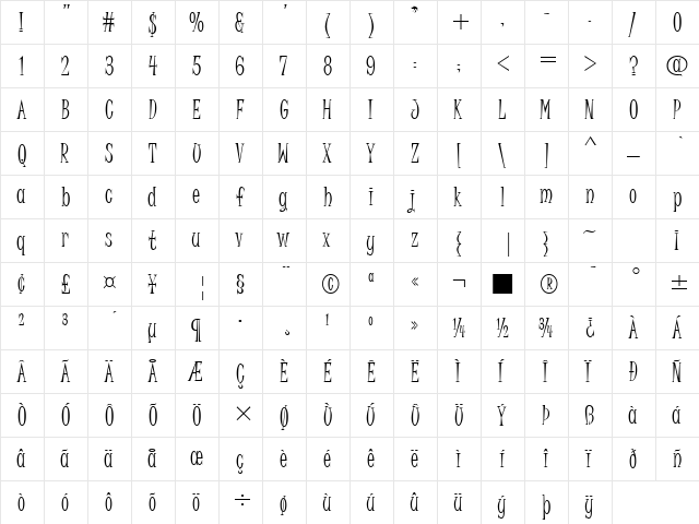 Juice Alt ITC TT Regular  glyph index