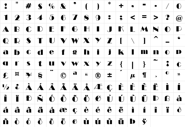 SHOW-Light Regular  glyph index