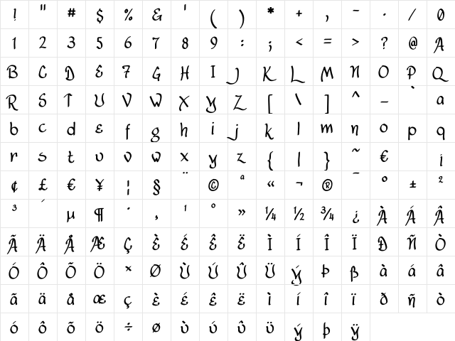Lancastershire Regular  glyph index