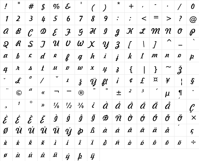 Freehand Italic  glyph index