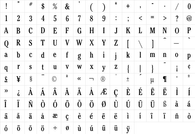 Cheltenham CondBook  glyph index