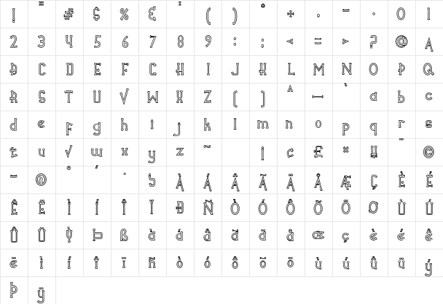 Veruzza Hollow Regular  glyph index