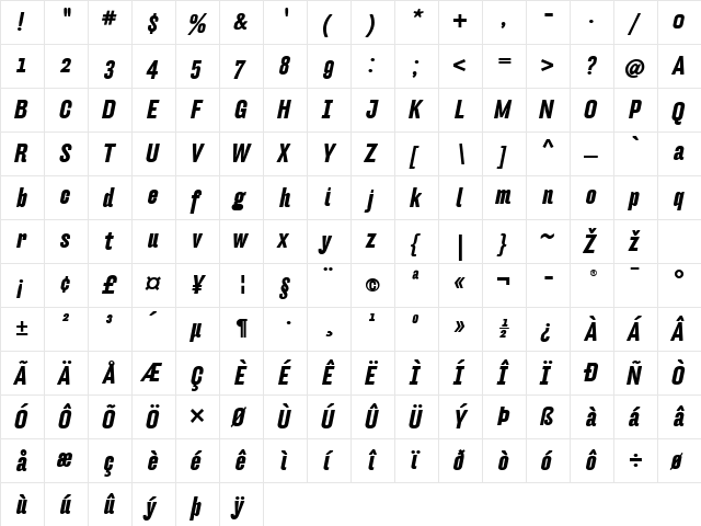 Hydra-BoldItalic Regular  glyph index