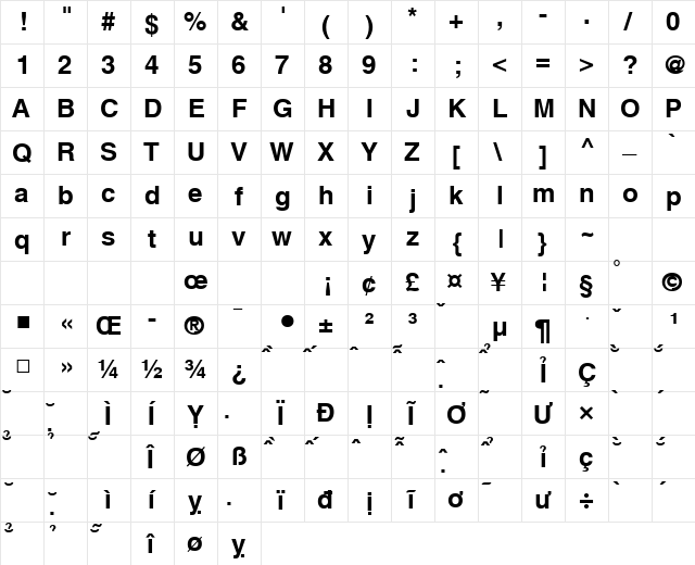 VNI Helve Bold  glyph index