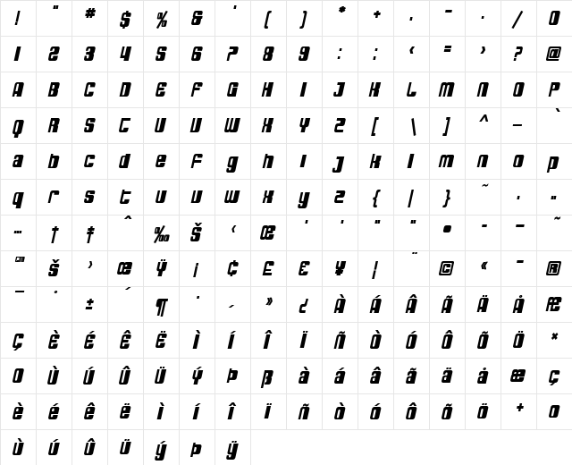SF DecoTechno Bold Oblique  glyph index
