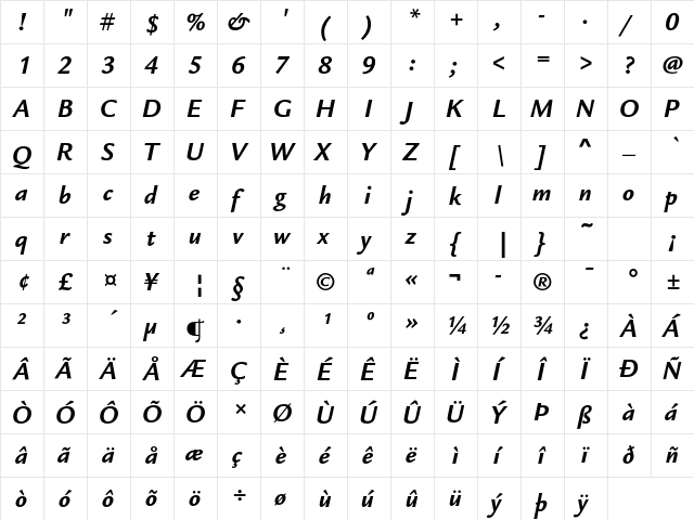 ITC Legacy Sans Std Bold Italic  glyph index