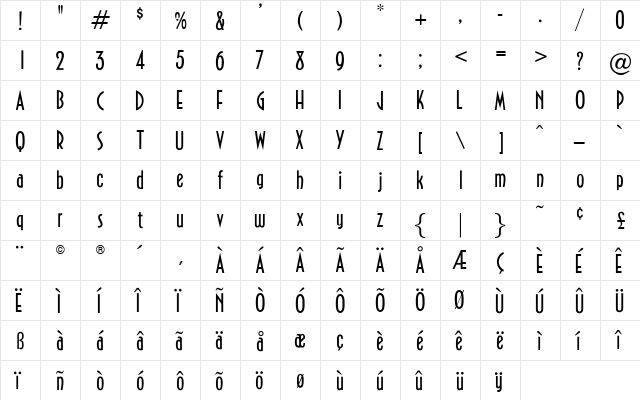 OPTINewport Regular  glyph index