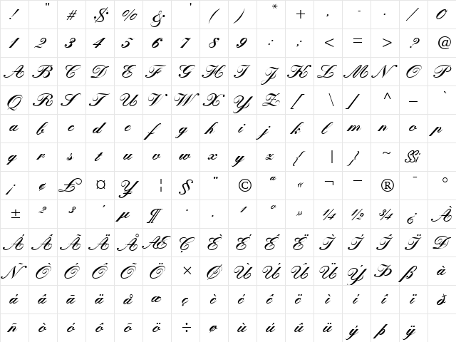GE Quintet Script Bold  glyph index