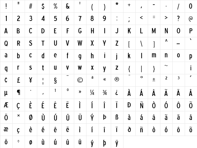 Expressway Condensed  glyph index