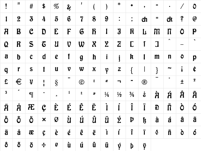 Baldur Regular  glyph index