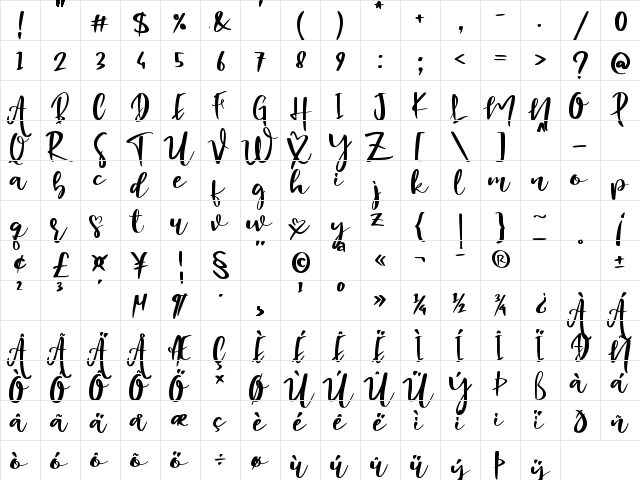 Lucky Girl Regular  glyph index