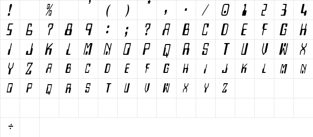 DigitalMachineCondensed Oblique  glyph index