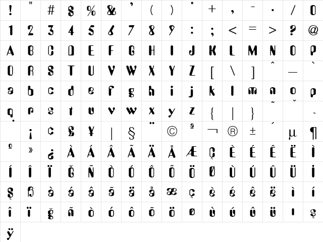 TrSah Amy Regular  glyph index