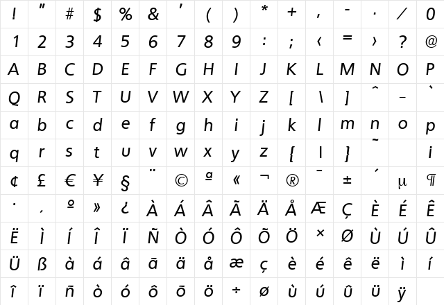 QuebecSerial-Medium Italic  glyph index