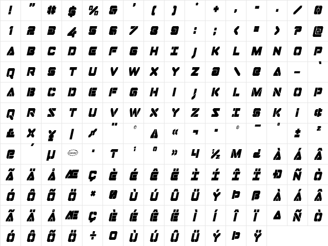 Domino Jack Condensed Italic Condensed Italic  glyph index
