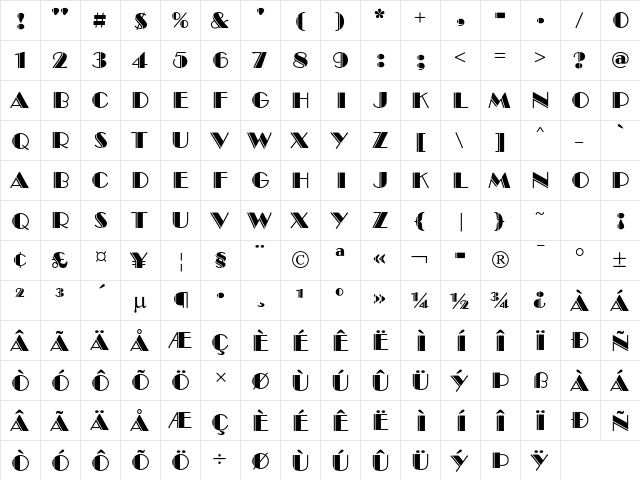 Broadway MT Std Engraved  glyph index