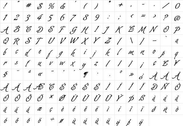 Almond Script Regular  glyph index