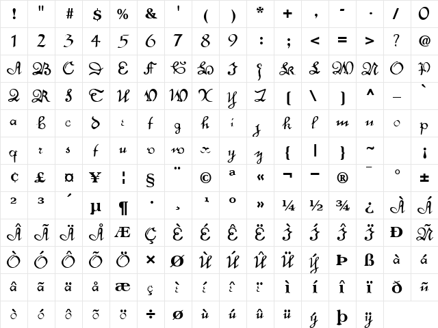 Dance Regular  glyph index