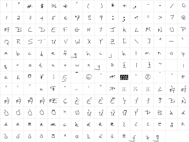 GreersHand Regular  glyph index
