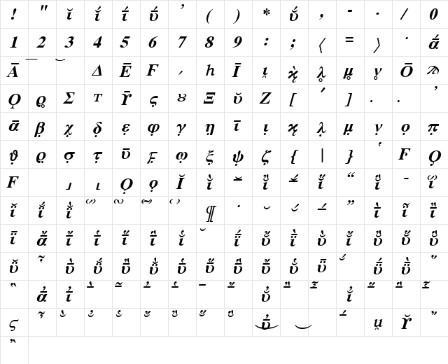 HellenicaExtras BoldItalic  glyph index