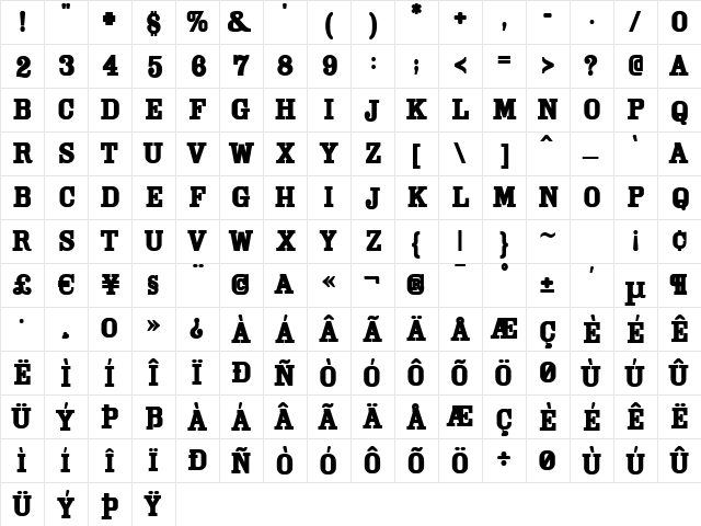 Cam Bold  glyph index