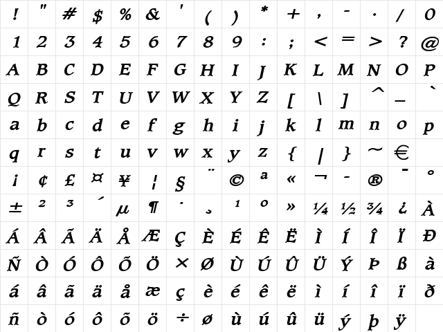 ClaytonWide BoldItalic  glyph index