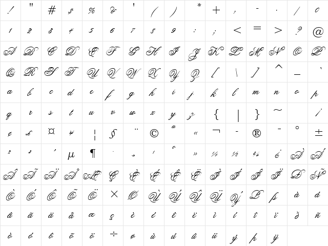 FlemishScript BT Regular  glyph index