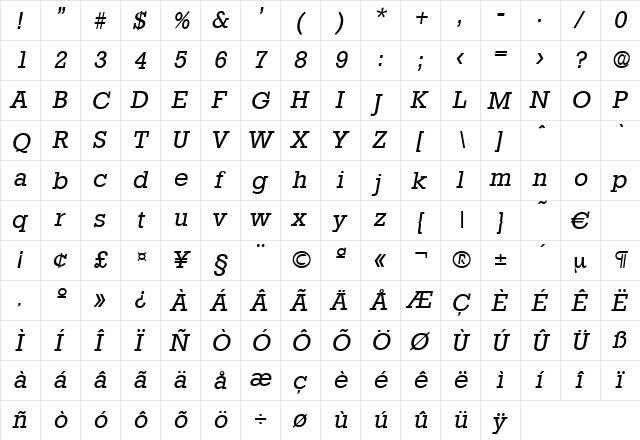 Stafford-RegularIta Regular  glyph index