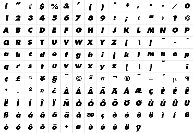 Limerick-Serial-Heavy RegularItalic  glyph index