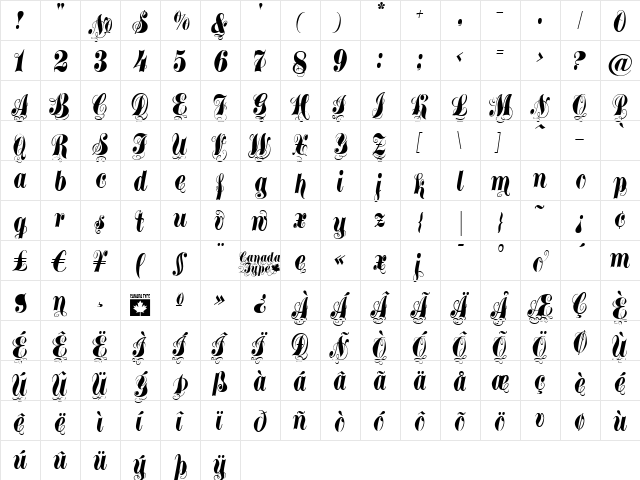 Treasury Regular  glyph index