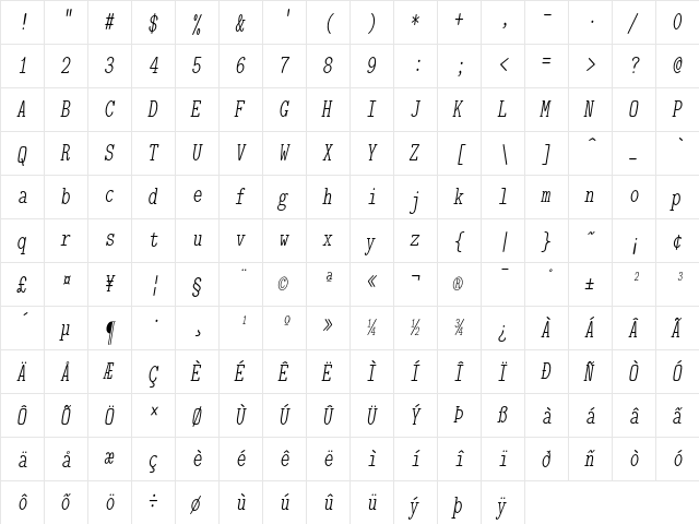 Latin Modern Mono Light Cond 10 Oblique  glyph index