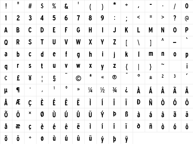 Expressway Condensed Bold  glyph index