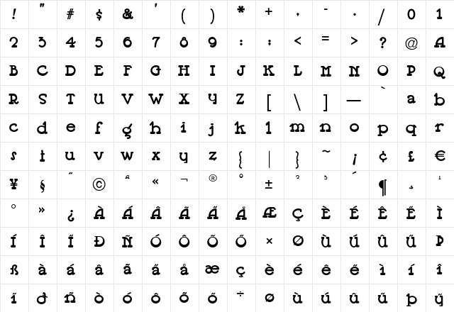 Jeepers Regular  glyph index