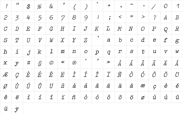 Typewriter Oblique  glyph index