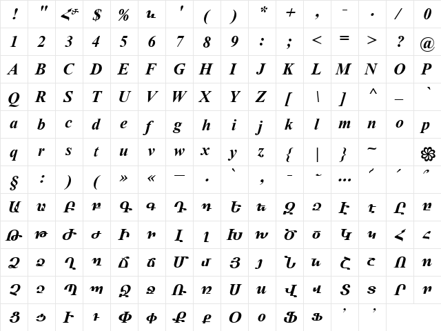 ArTarumianMatenagir Bold Italic  glyph index