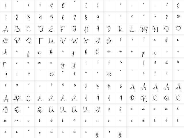 Mattera Regular  glyph index