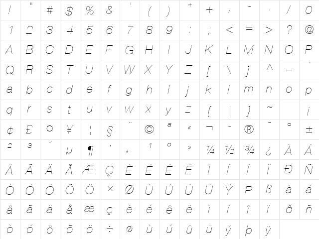 Helvetica Neue LT Com 26 Ultra Light Italic  glyph index