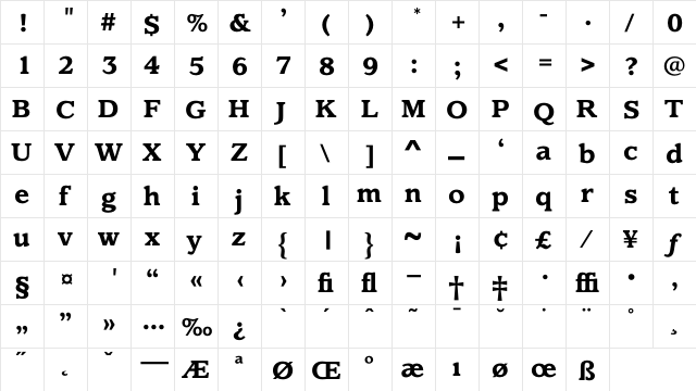 ClaremontBold Regular  glyph index